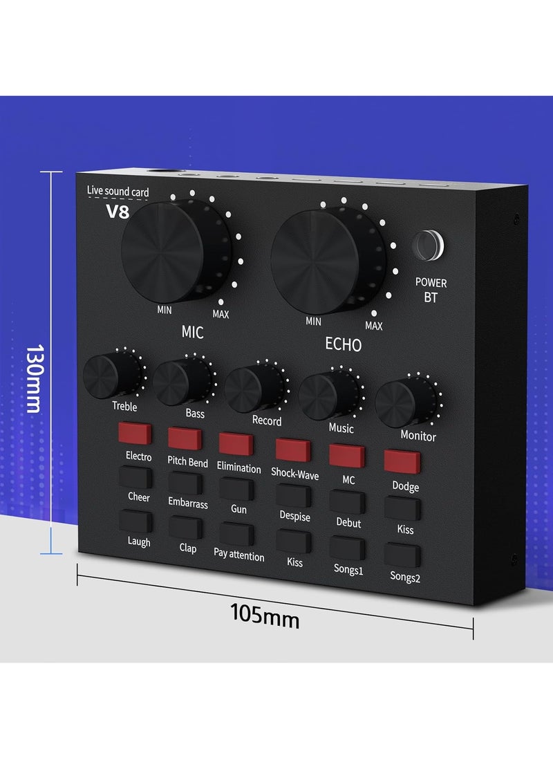 External Sound Card, USB V8 Live External Sound Mixer Board, Voice Changer Sound Card with Multiple Sound Effects for Live Recording Home KTV Voice Chat (V8)