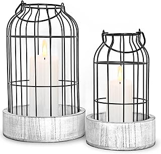 Livelab Modern Farmhouse Lantern Decor, [Refined] Rustic Home Decor Lanterns, Wire Metal Cloche Decorative Candle - Image 1