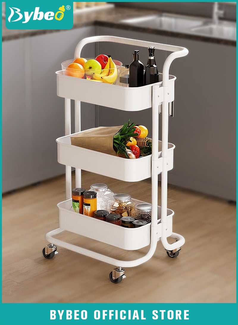 Bybeo 3-Tier Trolley Organizer, Rolling Storage Cart, Mobile Utility Cart Organizer, Multipurpose Storage Shelves Cart with Handle and 360-Degree Swivel Lockable Casters, for Living Room, Bathroom, Kitchen, Laundry Room - Image 1