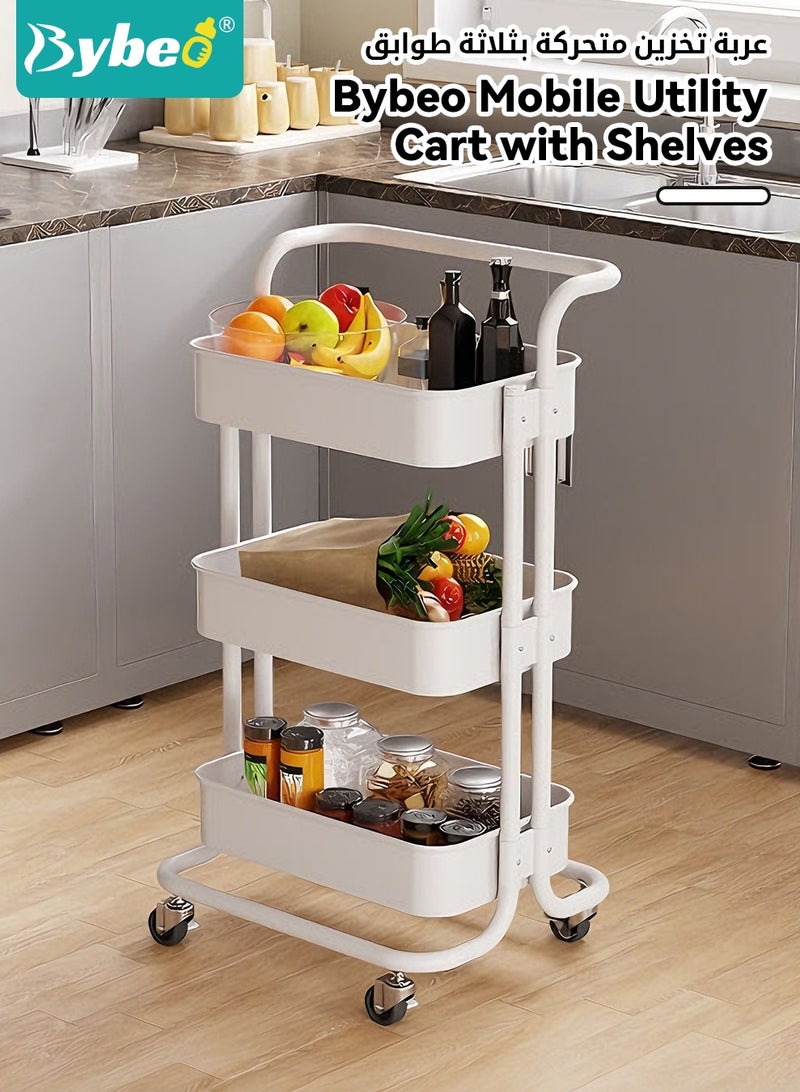 Bybeo 3-Tier Trolley Organizer, Rolling Storage Cart, Mobile Utility Cart Organizer, Multipurpose Storage Shelves Cart with Handle and 360-Degree Swivel Lockable Casters, for Living Room, Bathroom, Kitchen, Laundry Room - Image 2