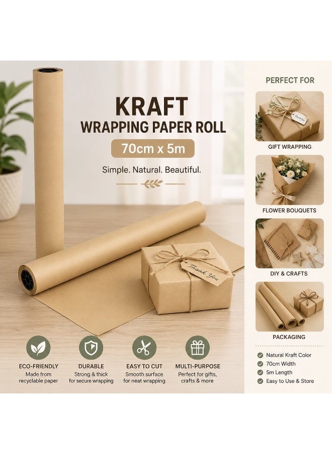 tfk Brown Kraft Paper Roll Ideal for Gift Wrapping 70cmx5m - Image 1