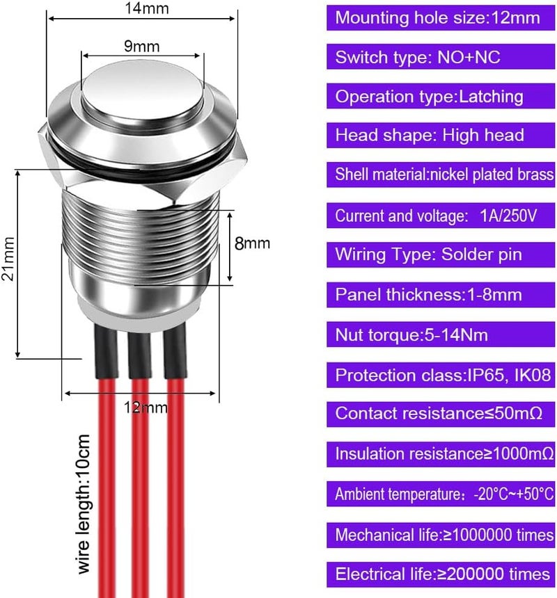 Gebildet 2Pcs Prewired 12mm Waterproof Latching Metal Push Button 3pin NO/NC Push Button On Off 1A 12V/24V/125V/250V AC (High Head) - Image 4