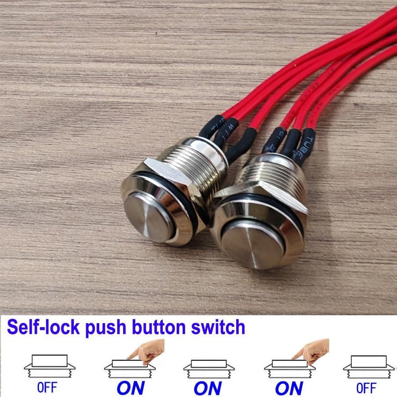 Gebildet 2Pcs Prewired 12mm Waterproof Latching Metal Push Button 3pin NO/NC Push Button On Off 1A 12V/24V/125V/250V AC (High Head) - Image 2