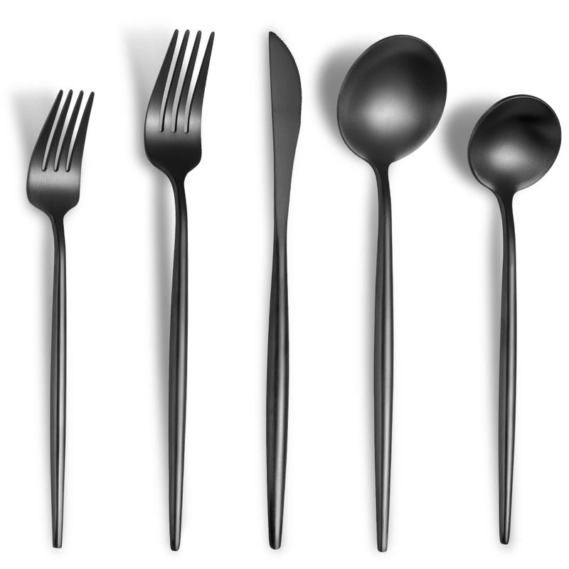 Lemeya Matte Black Silverware Set for 4Modern Stainless Steel Brushed Cutlery Set20Pieces Heavy Duty Flatware SetKnives Spoons and Forks Set Utensils Set Satin Finish Dishwasher Safe