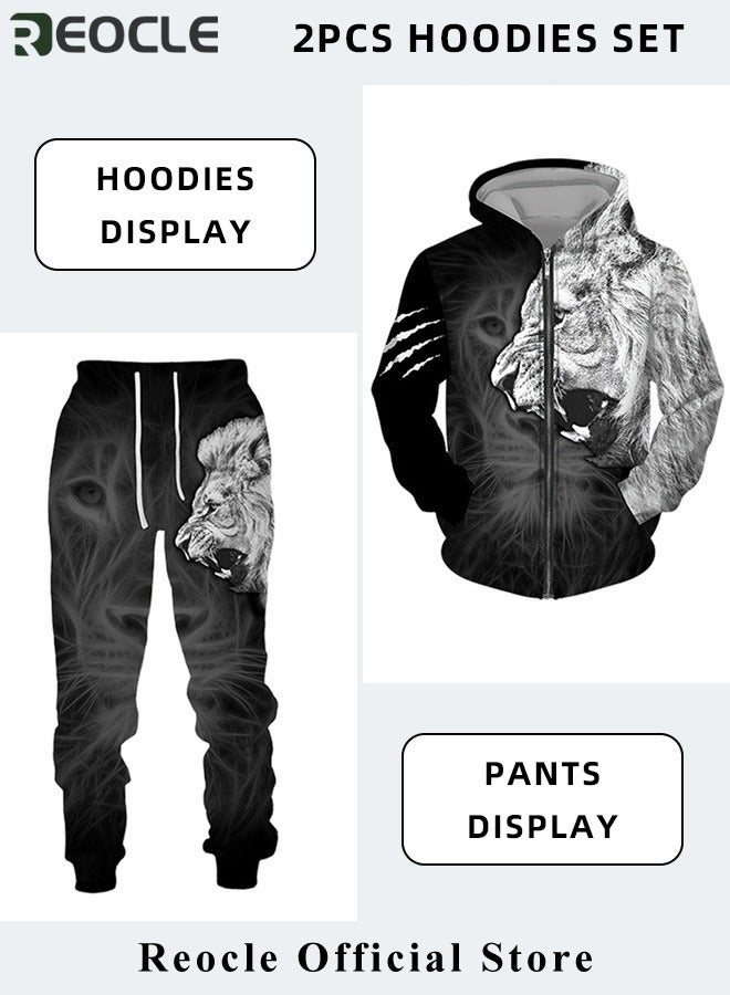 REOCLE Men's 2 Pcs Hoodie Set Sweatshirt Suit 3D Printed Long Sleeve Hoodie with Zipper Trackpant Casual Suit  - Image 3