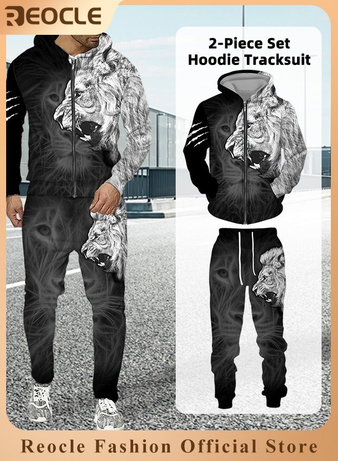 REOCLE Men's 2 Pcs Hoodie Set Sweatshirt Suit 3D Printed Long Sleeve Hoodie with Zipper Trackpant Casual Suit  - Image 1