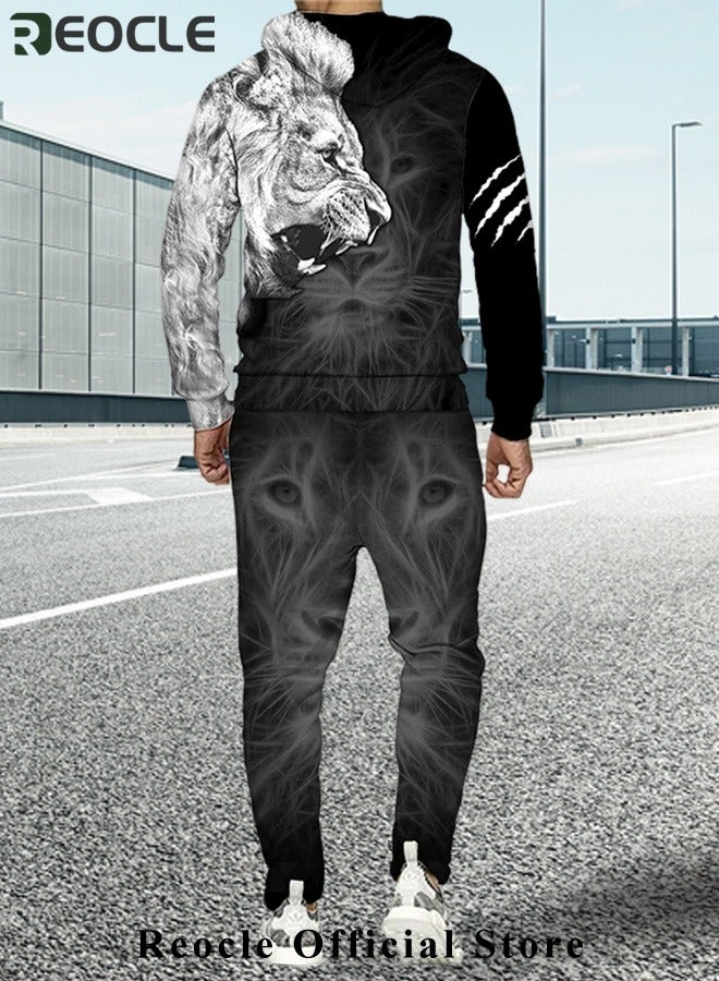 REOCLE Men's 2 Pcs Hoodie Set Sweatshirt Suit 3D Printed Long Sleeve Hoodie with Zipper Trackpant Casual Suit  - Image 2