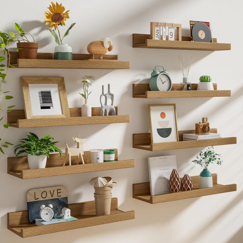 Heimlove 24 inch Picture Ledge Shelf Set of 8,Long Floating Shelves for Wall,Oak Picture Shelf with Lip for Wall Decor,Living Room Bedroom Bookshelf Photo Frames Nursery Book Shelves for Storage - Image 1