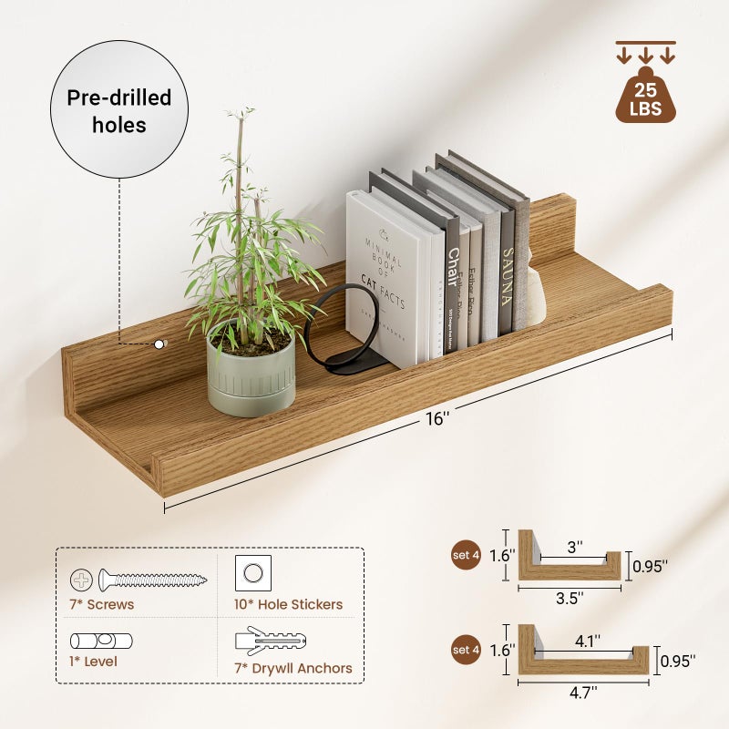 Heimlove 24 inch Picture Ledge Shelf Set of 8,Long Floating Shelves for Wall,Oak Picture Shelf with Lip for Wall Decor,Living Room Bedroom Bookshelf Photo Frames Nursery Book Shelves for Storage - Image 3