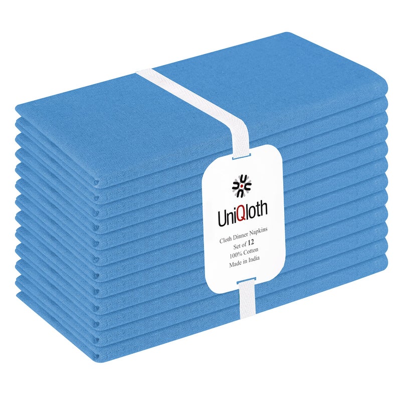 UniQloth Set of 12 Cloth Dinner Napkins 100 Cotton  Soft Durable Washable Reusable  Ideal for Farmhouse Parties Weddings Holidays Hotel Restaurant Daily Use Table Dinner Napkins 17x17 Light Blue