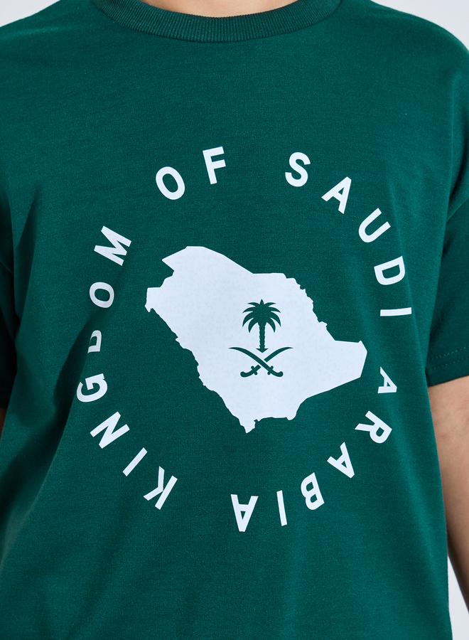 ستايلي طقم تيشرت واسع وبنطال جوغرز لليوم الوطني السعودي للأولاد المراهقين - أخضر داكن - Image 3