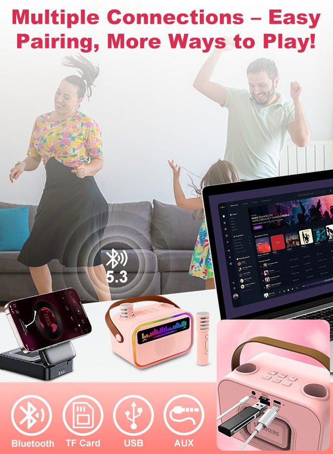Kids Mini Karaoke Machine, Portable Bluetooth Speaker With 2 Wireless Microphones, Built-in Mic Slots, 5 Karaoke Sound Modes, Multiple Dynamic Colorful Lights, 360° Surround Sound, Girls Boys Funny Birthday Gift Toy, Children Music Player for Family Party Singing - Support Bluetooth/TF/AUX