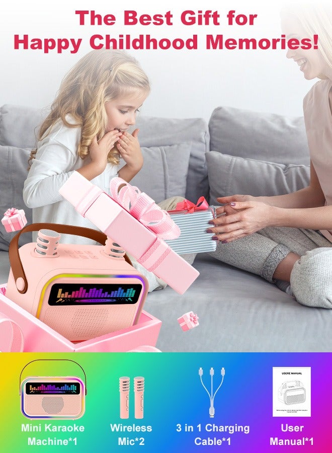 Kids Mini Karaoke Machine, Portable Bluetooth Speaker With 2 Wireless Microphones, Built-in Mic Slots, 5 Karaoke Sound Modes, Multiple Dynamic Colorful Lights, 360° Surround Sound, Girls Boys Funny Birthday Gift Toy, Children Music Player for Family Party Singing - Support Bluetooth/TF/AUX