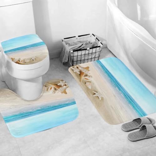 Chrainy 4Pcs Summer Beach Shower Curtain Sets Sea Ocean Bathroom Set Decor with Non-Slip Rugs Bath U-Shaped Mat Toilet Lid Cover Waterproof Starfish Shell Bathroom Curtain Shower Set with 12 Hooks - Image 4