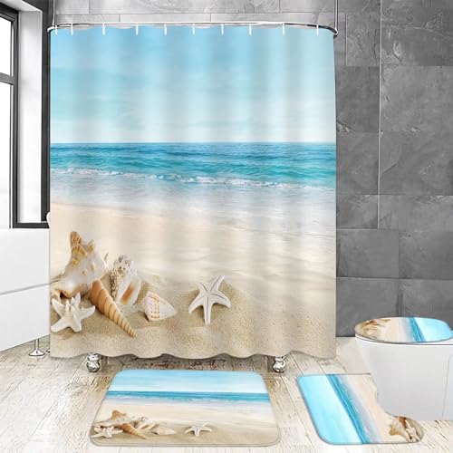 Chrainy 4Pcs Summer Beach Shower Curtain Sets Sea Ocean Bathroom Set Decor with Non-Slip Rugs Bath U-Shaped Mat Toilet Lid Cover Waterproof Starfish Shell Bathroom Curtain Shower Set with 12 Hooks - Image 1