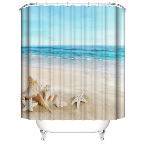 Chrainy 4Pcs Summer Beach Shower Curtain Sets Sea Ocean Bathroom Set Decor with Non-Slip Rugs Bath U-Shaped Mat Toilet Lid Cover Waterproof Starfish Shell Bathroom Curtain Shower Set with 12 Hooks - Image 3