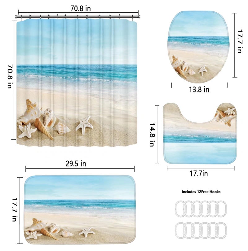 Chrainy 4Pcs Summer Beach Shower Curtain Sets Sea Ocean Bathroom Set Decor with Non-Slip Rugs Bath U-Shaped Mat Toilet Lid Cover Waterproof Starfish Shell Bathroom Curtain Shower Set with 12 Hooks - Image 5