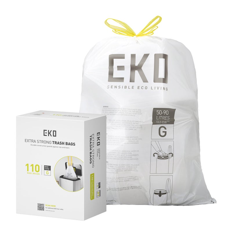 EKO 21 Gallon 5090 Liter110 CountDrawstring Trash Bags ExtraStrong Unscented Garbage Bags EasyDispense Roll for Kitchen Household Use Resists Tears Leaks and Punctures Code G White