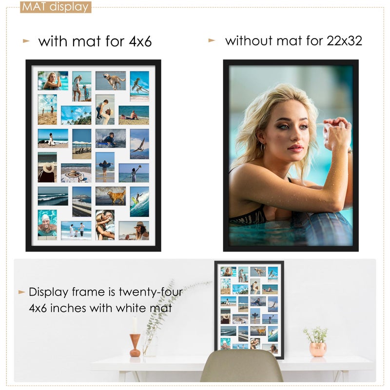 DUENPY 22x32 Collage Picture Frame 4x6 Picture Frames Collage Wall Decor Displays twenty four 4x6 inch Photos Available Horizontal Wall Mounting Display and Vertical Black - Image 2