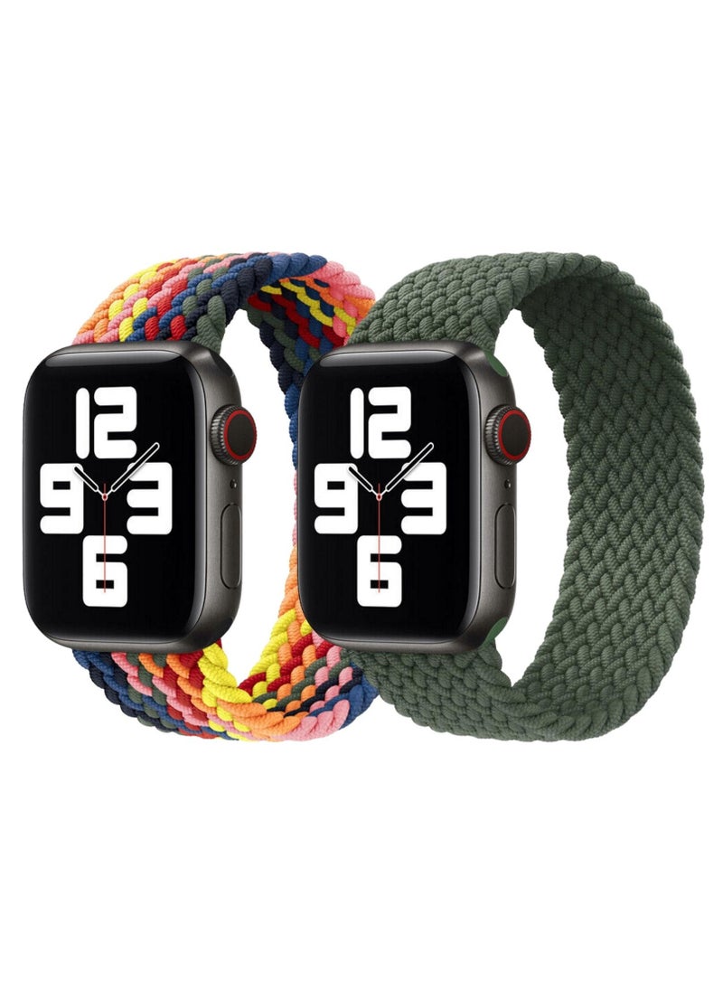 YOMNA Braided Solo Loop Band Strap for Apple Watch Series 42/44/45mm Multicolor/Rainbow Strap with Inverness Green Strap(set of 2)  - Image 1