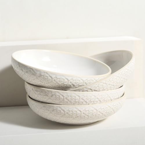 Feenmai 8 inch Pasta Bowls, 22 Oz Ceramic Serving Bowls Set of 4, Embossed Porcelain Salad Bowl, Serving Dishes for Pasta, Salad, Soup, Fruit, Housewarming Gift, Wedding Decor, Oven & Dishwasher Safe - Image 5