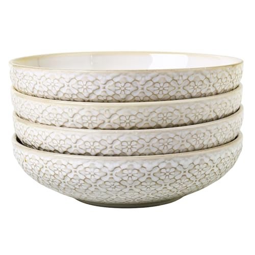 Feenmai 8 inch Pasta Bowls, 22 Oz Ceramic Serving Bowls Set of 4, Embossed Porcelain Salad Bowl, Serving Dishes for Pasta, Salad, Soup, Fruit, Housewarming Gift, Wedding Decor, Oven & Dishwasher Safe - Image 1