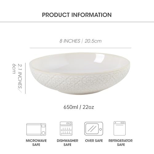 Feenmai 8 inch Pasta Bowls, 22 Oz Ceramic Serving Bowls Set of 4, Embossed Porcelain Salad Bowl, Serving Dishes for Pasta, Salad, Soup, Fruit, Housewarming Gift, Wedding Decor, Oven & Dishwasher Safe - Image 3