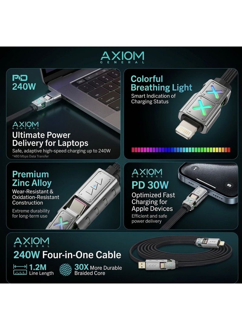 اكسيوم جنرال كيبل شحن أكسيوم جنرال 240 واط 4 في 1 USB-A إلى لايتنينغ وType-C مزدوج، رؤوس نحاسية مطلية بالذهب، بطول 1.2 متر مناسب للآيفون والأندرويد واللابتوبات - Image 2