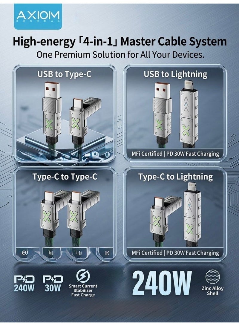 اكسيوم جنرال كيبل شحن أكسيوم جنرال 240 واط 4 في 1 USB-A إلى لايتنينغ وType-C مزدوج، رؤوس نحاسية مطلية بالذهب، بطول 1.2 متر مناسب للآيفون والأندرويد واللابتوبات - Image 4