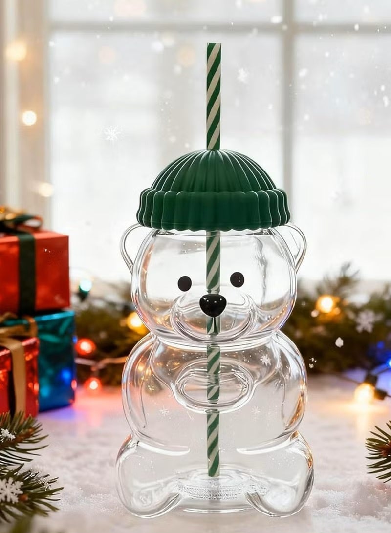 RYN Portable Bear Plastic Mug with Straw & Lid, 590ml Capacity, Clear - Image 1