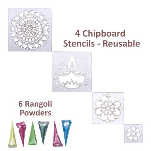 itsy-bitsy Itsy Bitsy DIY Quick & Easy Rangoli Stencil Kit Box | 3 Reusable Stencils with 6 Color Cones | Handmade Multicolor Rangoli Set for Festive & Wedding Décor - Image 2