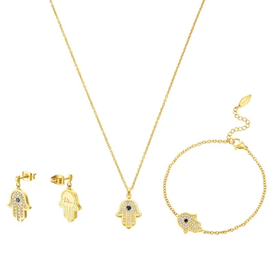 POLICE Vision Gold Plated Hamsa Hand Fatima White and Aqua Necklace, Earrings, Bracelet Set Box for Women