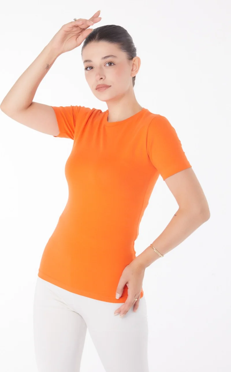 Tofisa Plain Crew Neck Women's Orange Short Sleeve T-Shirt - 25768