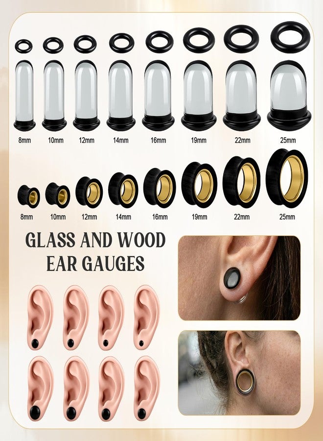 PunkTracker 2Pairs Ear Gauges Ear Plugs Ear Tunnels 8-25mm Gauge Earrings, Wood and Glass Stretching Kit Gauges for Ears - Image 3
