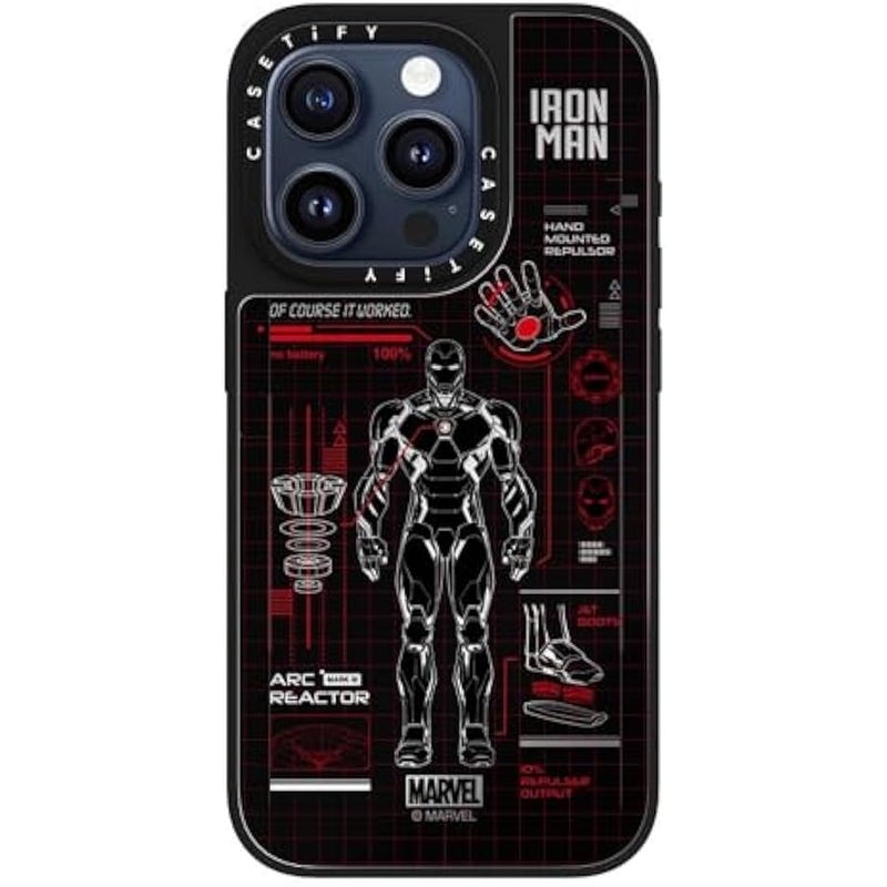 Casetify Mirror iPhone 15 Pro Case 【Iron Man Co-Lab/Reflective / 4.9ft Drop Protection/Compatible with Magsafe】 - Iron Man Blue Print Tech - Red - Silver on Black - Image 1
