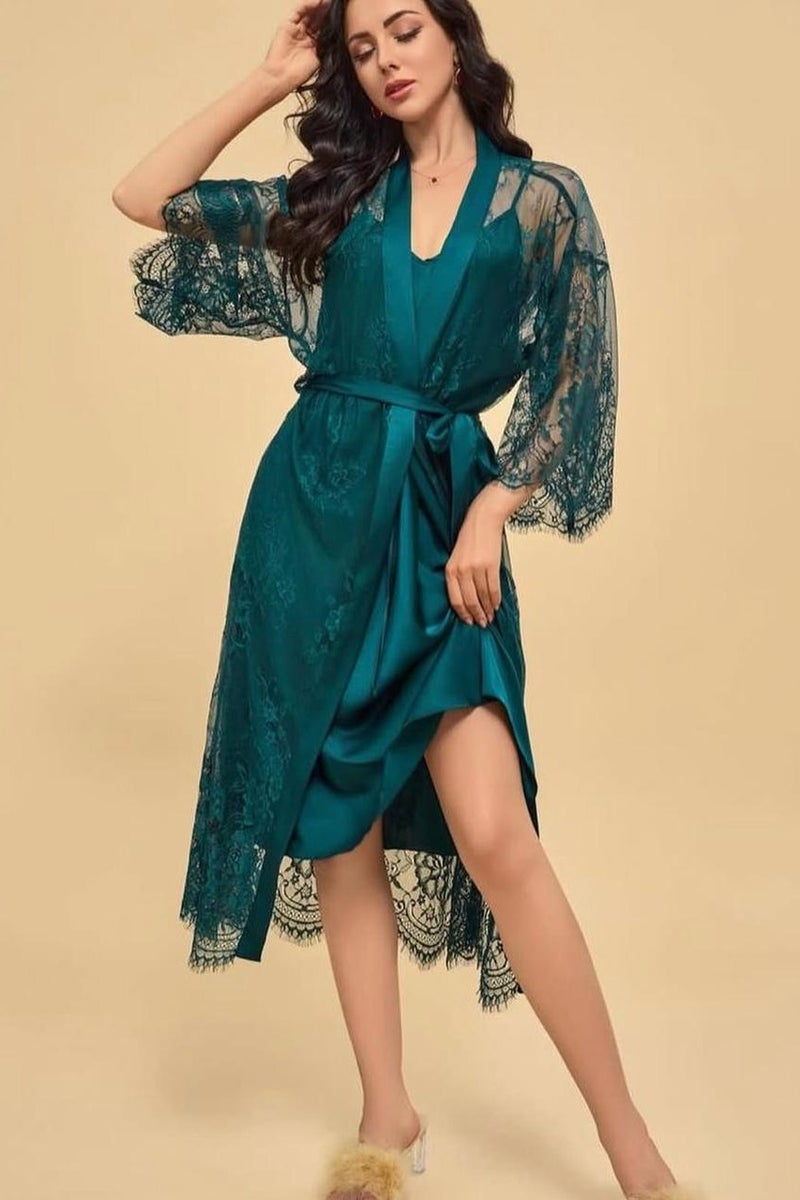Exclusive Women's Silk Nightgown Set with Lace Kimono - Stylish, Comfortable, Breathable, Elegant Sleepwear, Perfect for Nightwear, Lounge Wear, Summer Nights, Trendy Women's Apparel