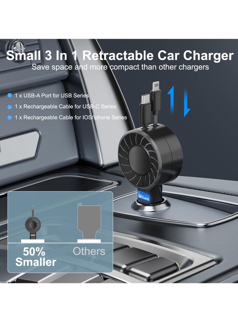 Excefore Retractable Car Charger, Mini Car Adapter, 3 in 1 Small Retractable Phone Charger, 50W Fast Car Charger with Dual Retractable Cable & USB Port, Compatible with iPhone 15/14/13/12 Pro Max and Samsung - Image 2