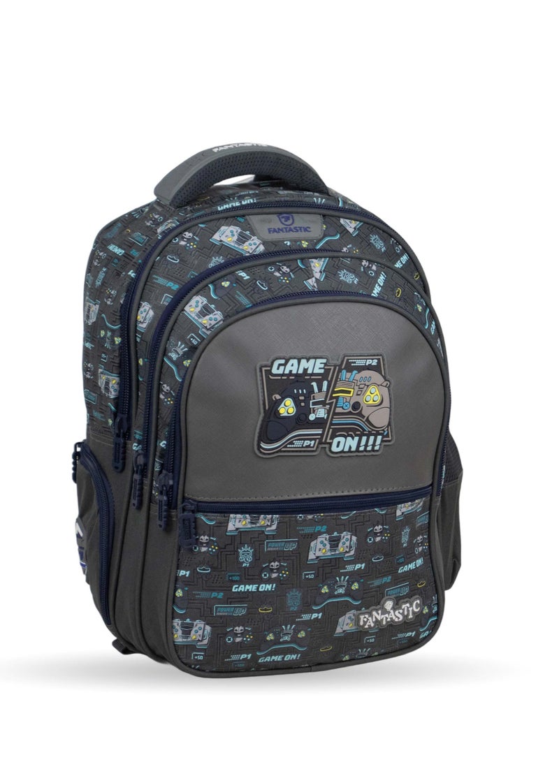 Fantastic QY001 Gaming School Backpack, 25L, 3 Compartments, Gaming Design, Grey and Blue, 40×30×15cm - Image 1