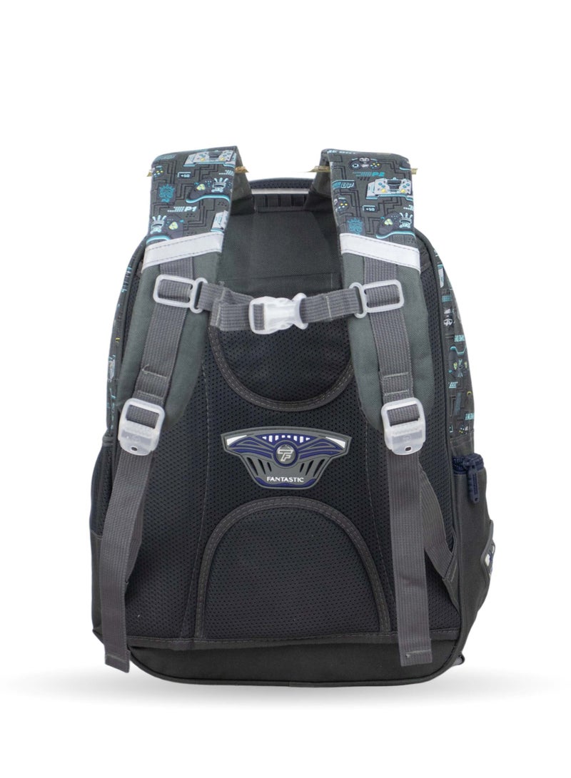 Fantastic QY001 Gaming School Backpack, 25L, 3 Compartments, Gaming Design, Grey and Blue, 40×30×15cm - Image 2
