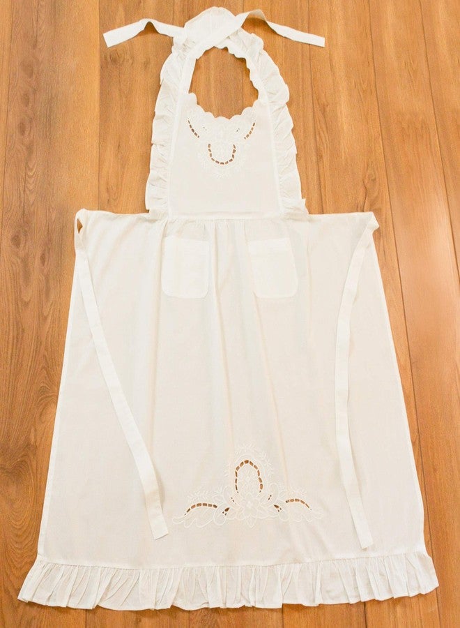 Minhcraft White Cotton Beautiful Flower Embroidery Apron-Ruffles Full Length Bib Women Apron - Image 4
