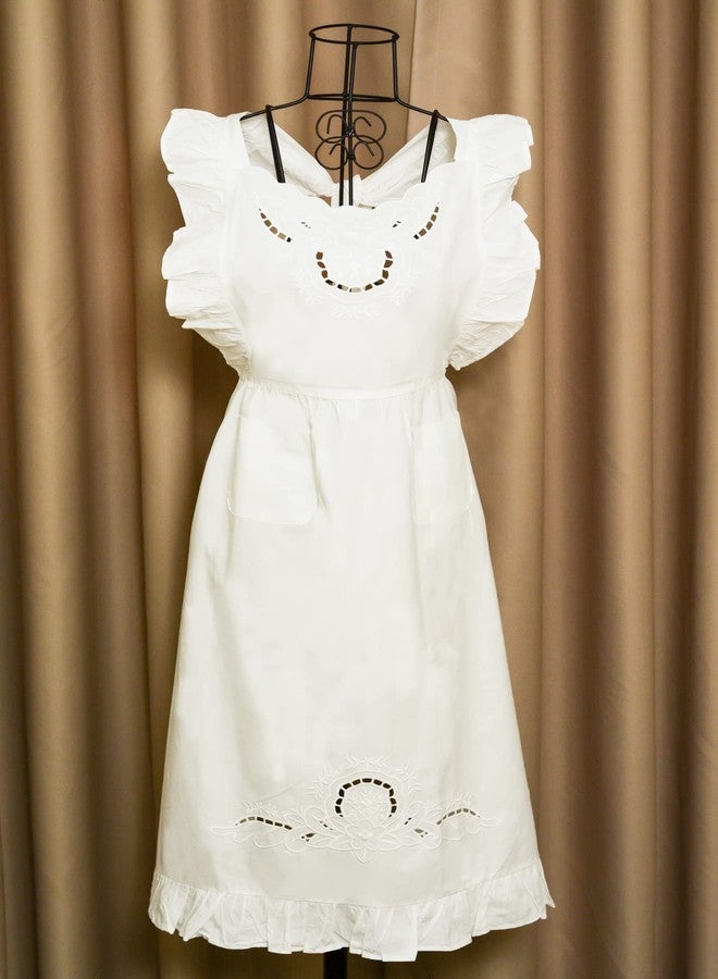Minhcraft White Cotton Beautiful Flower Embroidery Apron-Ruffles Full Length Bib Women Apron - Image 2