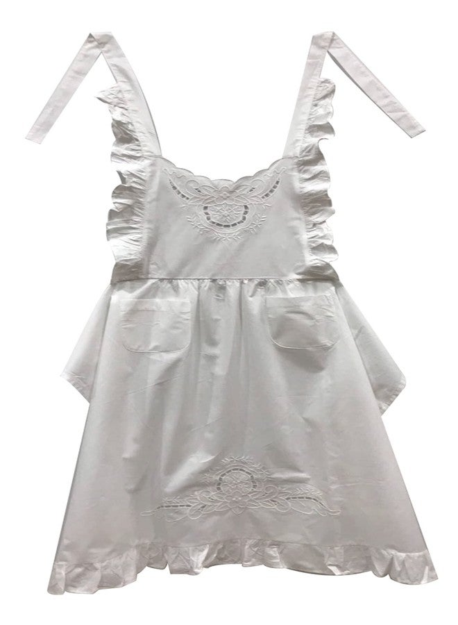 Minhcraft White Cotton Beautiful Flower Embroidery Apron-Ruffles Full Length Bib Women Apron - Image 1