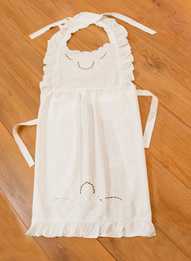 Minhcraft White Cotton Beautiful Flower Embroidery Apron-Ruffles Full Length Bib Women Apron - Image 5