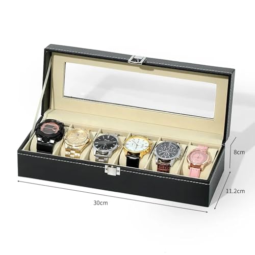 Gowloz 6 Slot Watch Storage Box for Men & Women – Premium PU Leather Organizer with Glass Display Lid, Soft Cushioned Compartments, Lockable Watch Case (30 x 11.2 x 8 cm, Black) - Image 3