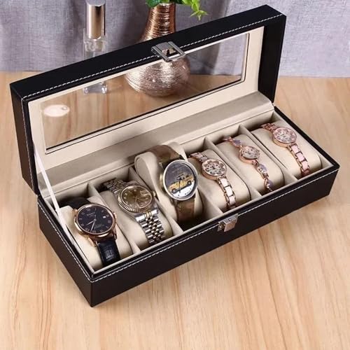 Gowloz 6 Slot Watch Storage Box for Men & Women – Premium PU Leather Organizer with Glass Display Lid, Soft Cushioned Compartments, Lockable Watch Case (30 x 11.2 x 8 cm, Black) - Image 1