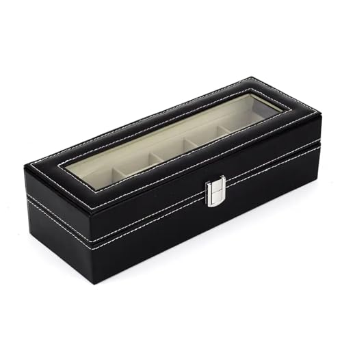 Gowloz 6 Slot Watch Storage Box for Men & Women – Premium PU Leather Organizer with Glass Display Lid, Soft Cushioned Compartments, Lockable Watch Case (30 x 11.2 x 8 cm, Black) - Image 4