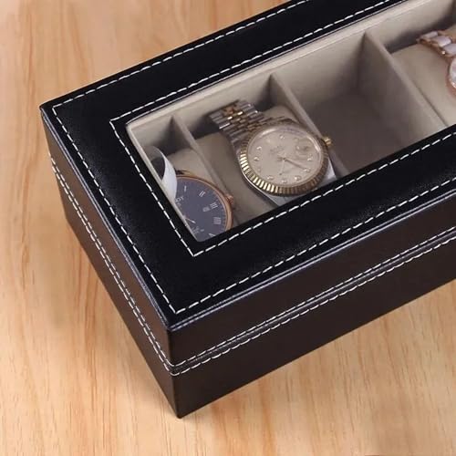 Gowloz 6 Slot Watch Storage Box for Men & Women – Premium PU Leather Organizer with Glass Display Lid, Soft Cushioned Compartments, Lockable Watch Case (30 x 11.2 x 8 cm, Black) - Image 2