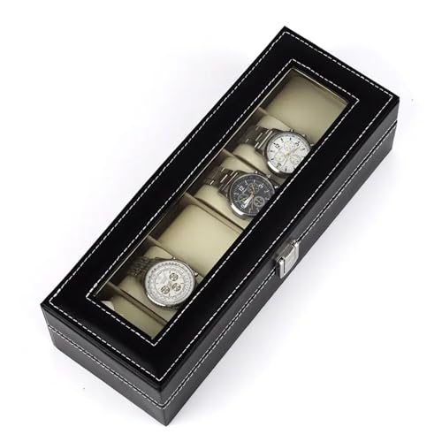 Gowloz 6 Slot Watch Storage Box for Men & Women – Premium PU Leather Organizer with Glass Display Lid, Soft Cushioned Compartments, Lockable Watch Case (30 x 11.2 x 8 cm, Black) - Image 5