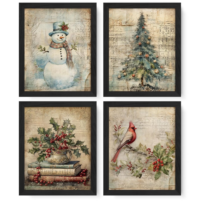 JXREQ Vintage Christmas Prints Wall Art Set of 4 Christmas Wall Decor Retro Christmas Snowman Wall Art Christmas Cardinal Trees Bird Posters for Home Bedroom Living Room Office 8x10 Unframed - Image 2