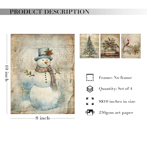JXREQ Vintage Christmas Prints Wall Art Set of 4 Christmas Wall Decor Retro Christmas Snowman Wall Art Christmas Cardinal Trees Bird Posters for Home Bedroom Living Room Office 8x10 Unframed - Image 3